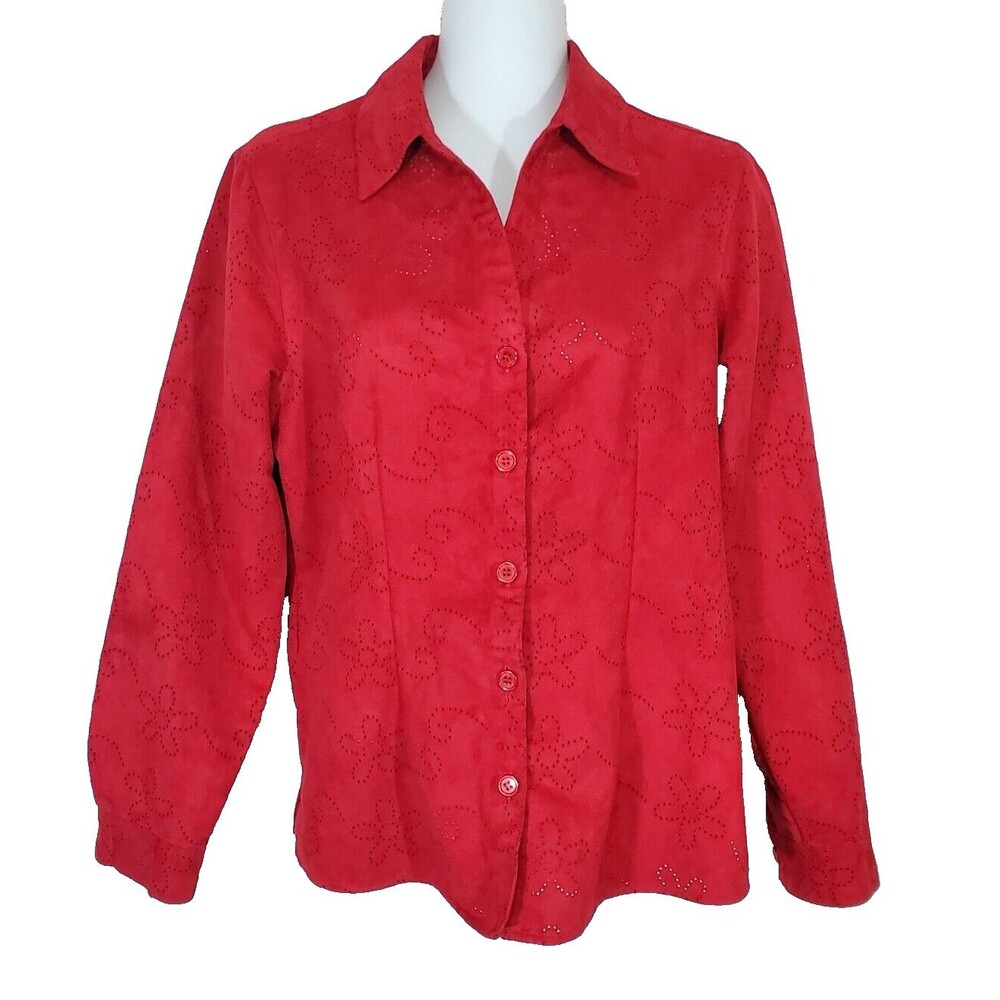 Sag Harbor Blazer Shirt Jacket Womens Small Red Faux Suede Floral Eyelet